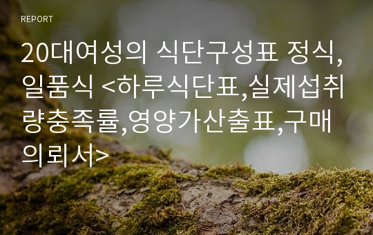 20대여성의 식단구성표 정식,일품식 &lt;하루식단표,실제섭취량충족률,영양가산출표,구매의뢰서&gt;