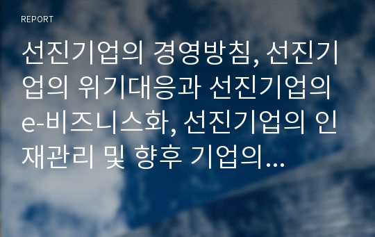 선진기업의 경영방침, 선진기업의 위기대응과 선진기업의 e-비즈니스화, 선진기업의 인재관리 및 향후 기업의 선진화 방안 분석(선진기업, 경영방침, 위기대응, e-비즈니스, 인재관리, 기업선진화)