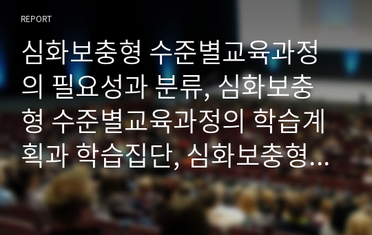 심화보충형 수준별교육과정의 필요성과 분류, 심화보충형 수준별교육과정의 학습계획과 학습집단, 심화보충형 수준별교육과정의 학습자료와 교수학습, 심화보충형 수준별교육과정의 평가와 성과 및 시사점 분석