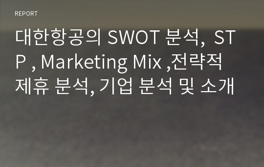 대한항공의 SWOT 분석,  STP , Marketing Mix ,전략적 제휴 분석, 기업 분석 및 소개