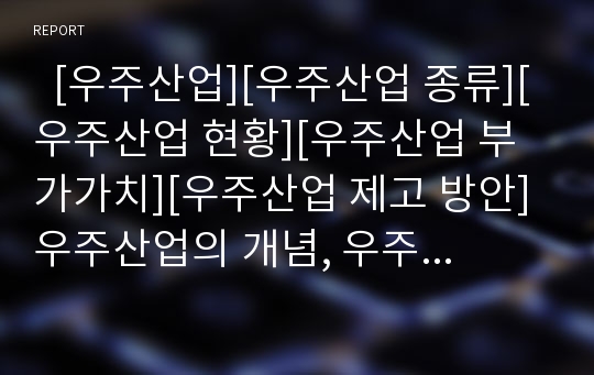   [우주산업][우주산업 종류][우주산업 현황][우주산업 부가가치][우주산업 제고 방안]우주산업의 개념, 우주산업의 특성, 우주산업의 종류, 우주산업의 현황, 우주산업의 부가가치, 향후 우주산업의 제고 방안 분석