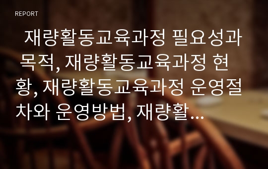   재량활동교육과정 필요성과 목적, 재량활동교육과정 현황, 재량활동교육과정 운영절차와 운영방법, 재량활동교육과정 프로그램, 재량활동교육과정 사례, 재량활동교육과정 제고 방향, 재량활동교육과정 평가 분석