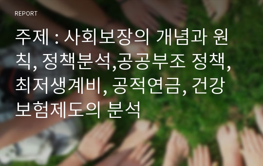 주제 : 사회보장의 개념과 원칙, 정책분석,공공부조 정책,최저생계비, 공적연금, 건강보험제도의 분석