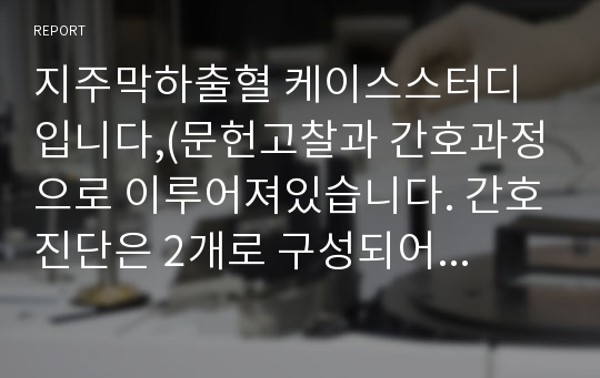 지주막하출혈 케이스스터디 입니다,(문헌고찰과 간호과정으로 이루어져있습니다. 간호진단은 2개로 구성되어있습니다.)