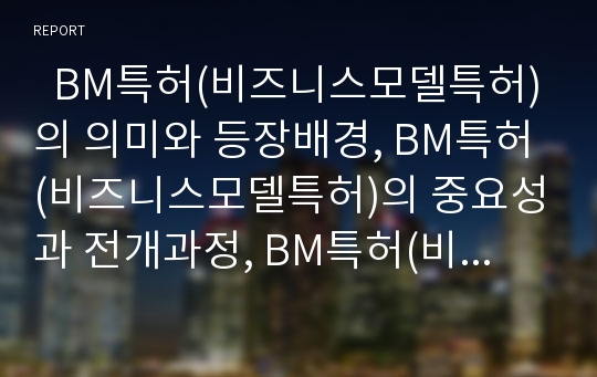   BM특허(비즈니스모델특허)의 의미와 등장배경, BM특허(비즈니스모델특허)의 중요성과 전개과정, BM특허(비즈니스모델특허)의 접근방법과 사례, BM특허(비즈니스모델특허)의 법경제학적 평가와 출원 전략 분석