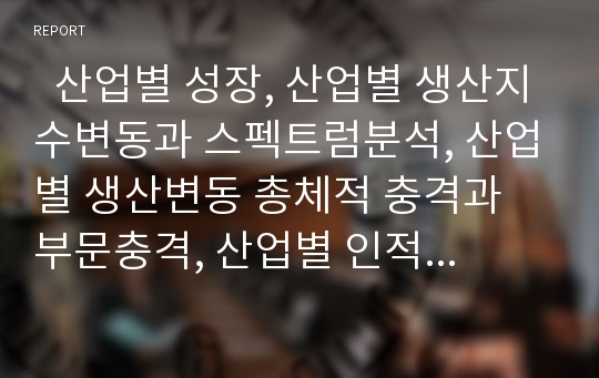   산업별 성장, 산업별 생산지수변동과 스펙트럼분석, 산업별 생산변동 총체적 충격과 부문충격, 산업별 인적자원개발시스템, 산업별 수출과 인건비 및 환율변화, 산업별 정보시스템 비교와 추진전략 수립 분석