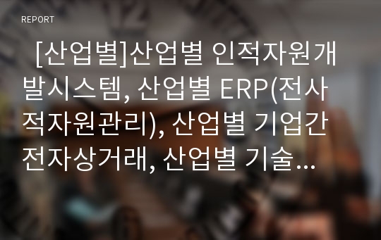   [산업별]산업별 인적자원개발시스템, 산업별 ERP(전사적자원관리), 산업별 기업간전자상거래, 산업별 기술지식관리시스템설계, 산업별 CRM(고객관계관리), 산업별 취업계수, 산업별 격차와 기업경영성과 분석