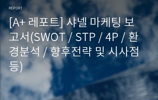 [A+ 레포트] 샤넬 마케팅 보고서(SWOT / STP / 4P / 환경분석 / 향후전략 및 시사점 등)