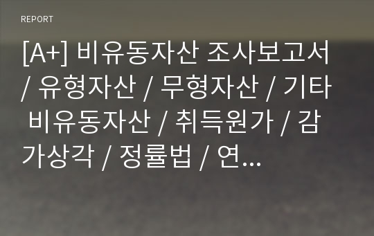 [A+] 비유동자산 조사보고서 / 유형자산 / 무형자산 / 기타 비유동자산 / 취득원가 / 감가상각 / 정률법 / 연수합계법 / 유형자산 분류기준 / 취득부대원가 / 매각예정 비유동자산