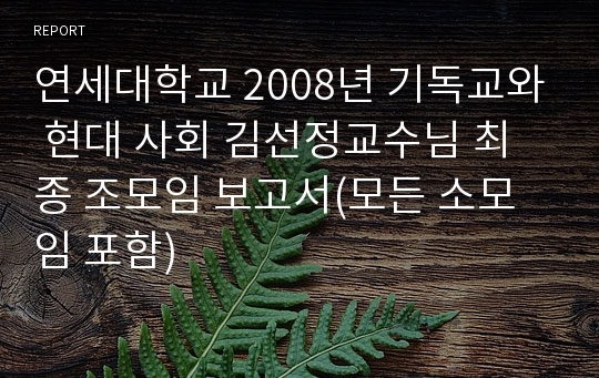 연세대학교 2008년 기독교와 현대 사회 김선정교수님 최종 조모임 보고서(모든 소모임 포함)