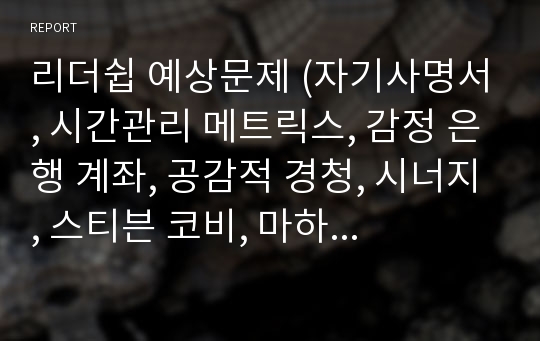 리더쉽 예상문제 (자기사명서, 시간관리 메트릭스, 감정 은행 계좌, 공감적 경청, 시너지, 스티븐 코비, 마하트마 간디, 의사소통)