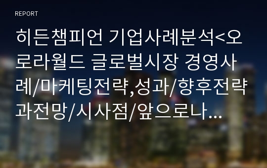 히든챔피언 기업사례분석&lt;오로라월드 글로벌시장 경영사례/마케팅전략,성과/향후전략과전망/시사점/앞으로나아가야할방향/나의의견&gt;