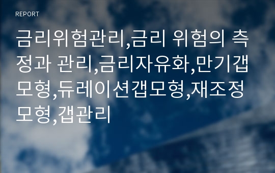 금리위험관리,금리 위험의 측정과 관리,금리자유화,만기갭모형,듀레이션갭모형,재조정모형,갭관리