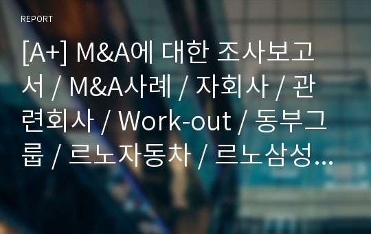 [A+] M&amp;A에 대한 조사보고서 / M&amp;A사례 / 자회사 / 관련회사 / Work-out / 동부그룹 / 르노자동차 / 르노삼성 / 엠앤에이  / 미도파백화점 / 하이닉스