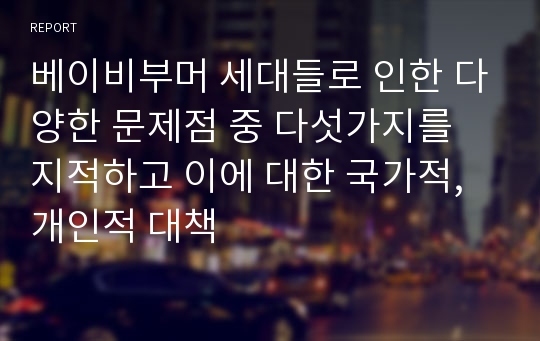 베이비부머 세대들로 인한 다양한 문제점 중 다섯가지를 지적하고 이에 대한 국가적, 개인적 대책