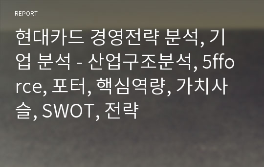 현대카드 경영전략 분석, 기업 분석 - 산업구조분석, 5fforce, 포터, 핵심역량, 가치사슬, SWOT, 전략