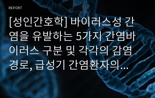 [성인간호학] 바이러스성 간염을 유발하는 5가지 간염바이러스 구분 및 각각의 감염 경로, 급성기 간염환자의 회복에 도움이 되는 관리방법, B형 간염을 예방하기 위한 방법