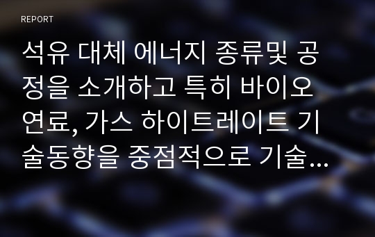 석유 대체 에너지 종류및 공정을 소개하고 특히 바이오 연료, 가스 하이트레이트 기술동향을 중점적으로 기술한 레포트