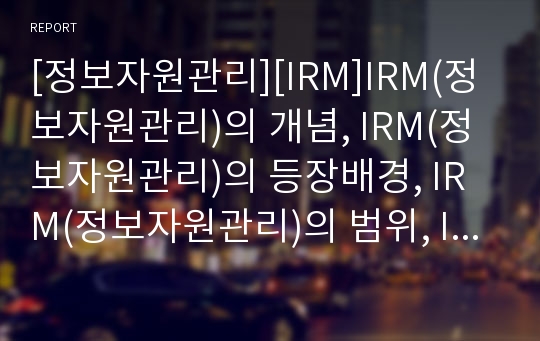 [정보자원관리][IRM]IRM(정보자원관리)의 개념, IRM(정보자원관리)의 등장배경, IRM(정보자원관리)의 범위, IRM(정보자원관리)의 정보화, IRM(정보자원관리)의 정책