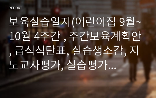 보육실습일지(어린이집 9월~10월 4주간 , 주간보육계획안, 급식식단표, 실습생소감, 지도교사평가, 실습평가보고서)