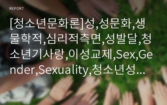 [청소년문화론]성,성문화,생물학적,심리적측면,성발달,청소년기사랑,이성교제,Sex,Gender,Sexuality,청소년성문화,생리학적,성징,금욕주의,주지화,소결,범생이,날라리,풋사랑