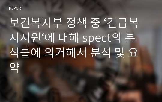 보건복지부 정책 중 ‘긴급복지지원‘에 대해 spect의 분석틀에 의거해서 분석 및 요약