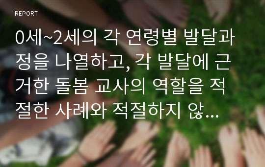 0세~2세의 각 연령별 발달과정을 나열하고, 각 발달에 근거한 돌봄 교사의 역할을 적절한 사례와 적절하지 않은 사례를 들어 분석하고 바람직한 교사상을 제시하시오