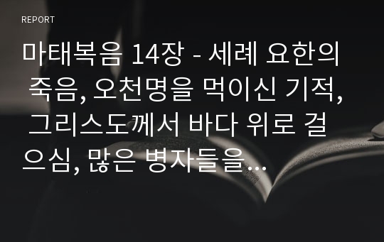 마태복음 14장 - 세례 요한의 죽음, 오천명을 먹이신 기적, 그리스도께서 바다 위로 걸으심, 많은 병자들을 고치심