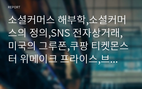 소셜커머스 해부학,소셜커머스의 정의,SNS 전자상거래,미국의 그루폰,쿠팡 티켓몬스터 위메이크 프라이스,브랜드마케팅,서비스마케팅,글로벌경영,사례분석,swot,stp,4p