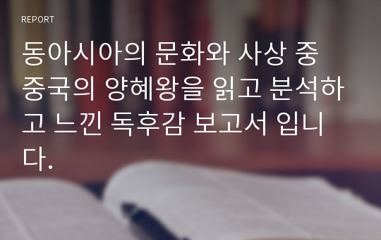 동아시아의 문화와 사상 중 중국의 양혜왕을 읽고 분석하고 느낀 독후감 보고서 입니다.