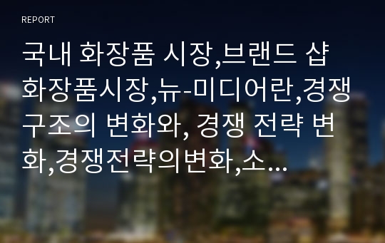 국내 화장품 시장,브랜드 샵 화장품시장,뉴-미디어란,경쟁구조의 변화와, 경쟁 전략 변화,경쟁전략의변화,소비자의 특성 및 행동변화