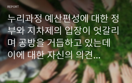 누리과정 예산편성에 대한 정부와 지차제의 입장이 엇갈리며 공방을 거듭하고 있는데 이에 대한 자신의 의견과 해결 방안을 서술하시오.