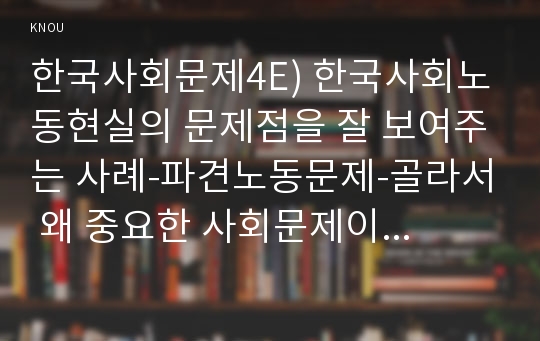 한국사회문제4E) 한국사회노동현실의 문제점을 잘 보여주는 사례-파견노동문제-골라서 왜 중요한 사회문제이며 해결과정에서는 어떤원칙이 필요한지 구체적인 사례들어 논하시오0K (파견노동, 파견노동자 현황, 파견노동직, 파견직)