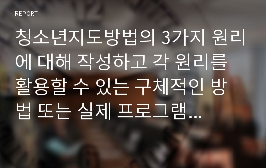 청소년지도방법의 3가지 원리에 대해 작성하고 각 원리를 활용할 수 있는 구체적인 방법 또는 실제 프로그램을 작성하시오.