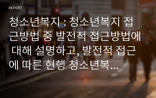 청소년복지 : 청소년복지 접근방법 중 발전적 접근방법에 대해 설명하고, 발전적 접근에 따른 현행 청소년복지제도 또는 서비스 중 하나를 선택하여 주요내용을 기술