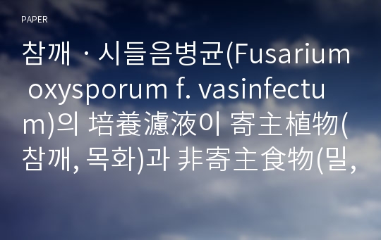 참깨ㆍ시들음병균(Fusarium oxysporum f. vasinfectum)의 培養濾液이 寄主植物(참깨, 목화)과 非寄主食物(밀, 벼)의 種子 發芽에 미치는 影響
