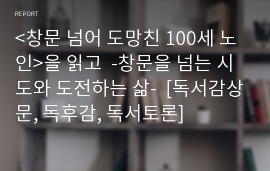 &lt;창문 넘어 도망친 100세 노인&gt;을 읽고  -창문을 넘는 시도와 도전하는 삶-  [독서감상문, 독후감, 독서토론]