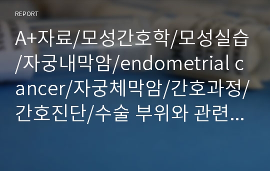 A+자료/모성간호학/모성실습/자궁내막암/endometrial cancer/자궁체막암/간호과정/간호진단/수술 부위와 관련된 통증/수술과 침습적 치료와 관련된 감염위험성