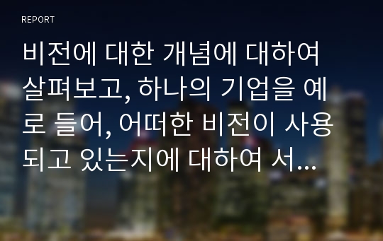 비전에 대한 개념에 대하여 살펴보고, 하나의 기업을 예로 들어, 어떠한 비전이 사용되고 있는지에 대하여 서술하시오.