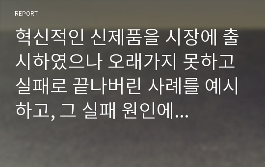 혁신적인 신제품을 시장에 출시하였으나 오래가지 못하고 실패로 끝나버린 사례를 예시하고, 그 실패 원인에 대해 설명해 보시오.