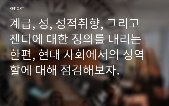 계급, 성, 성적취향, 그리고 젠더에 대한 정의를 내리는 한편, 현대 사회에서의 성역할에 대해 점검해보자.