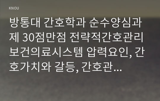 방통대 간호학과 순수양심과제 30점만점 전략적간호관리 보건의료시스템 압력요인, 간호가치와 갈등, 간호관리자의 역량