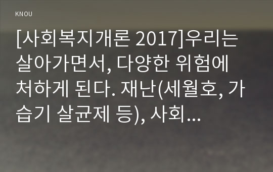 [사회복지개론 2017]우리는 살아가면서, 다양한 위험에 처하게 된다. 재난(세월호, 가습기 살균제 등), 사회복지개론 실업(청년실업, 은퇴 등), 장애, 질병(암, 치매 등), 소외(왕따), 교육, 주거 등. 이런 위험들 중 하나를 선택하고, 이와 관련된 당사자를 인터뷰하시오 인터뷰한 사람이 실제 처해 있는 불편함, 결핍, 위험이 무엇인지를 서술하시오