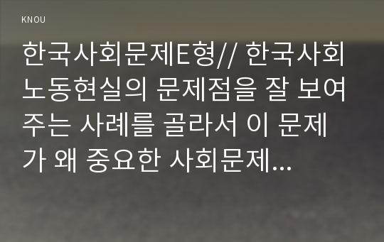 한국사회문제E형// 한국사회 노동현실의 문제점을 잘 보여주는 사례를 골라서 이 문제가 왜 중요한 사회문제이며 해결과정에서는 어떤 원칙이 필요한지에 대해서 구체적 사례를 들어 논하시오.