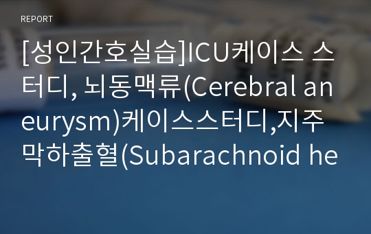 [성인간호실습]ICU케이스 스터디, 뇌동맥류(Cerebral aneurysm)케이스스터디,지주막하출혈(Subarachnoid hemorrhage( 케이스스터디