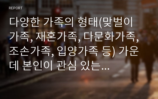 다양한 가족의 형태(맞벌이 가족, 재혼가족, 다문화가족, 조손가족, 입양가족 등) 가운데 본인이 관심 있는 가족(1개)를 정하고 이 가족이 경험하는 문제점을 설명하시오.