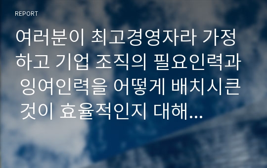 여러분이 최고경영자라 가정하고 기업 조직의 필요인력과 잉여인력을 어떻게 배치시큰 것이 효율적인지 대해서 작성하시오