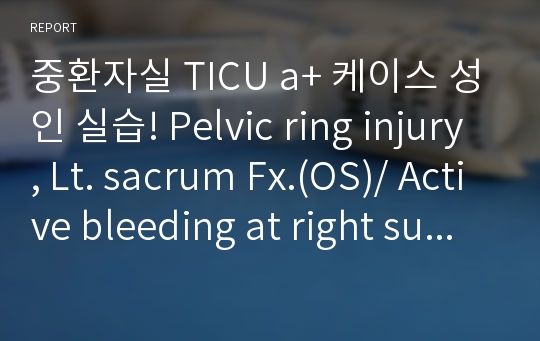 중환자실 TICU a+ 케이스 성인 실습! Pelvic ring injury, Lt. sacrum Fx.(OS)/ Active bleeding at right superior gluteal arery, Liver contusion(TS)/ T11, L5 Fx.(NS)/ Rt. renal injury(URO)