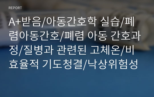 A+받음/아동간호학 실습/폐렴아동간호/폐렴 아동 간호과정/질병과 관련된 고체온/비효율적 기도청결/낙상위험성