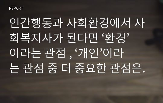 인간행동과 사회환경에서 사회복지사가 된다면 ‘환경’이라는 관점 , ‘개인’이라는 관점 중 더 중요한 관점은 무엇인가.